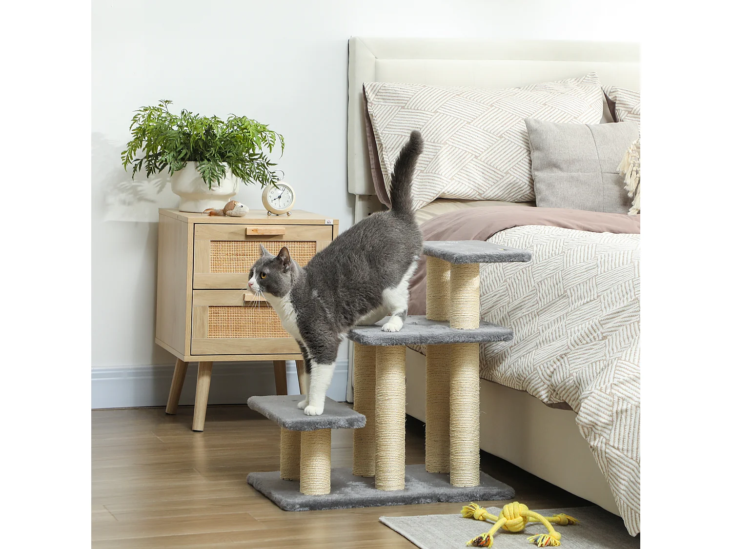 Scaletta per cani e gatti a 3 scalini in peluche e sisal grigio