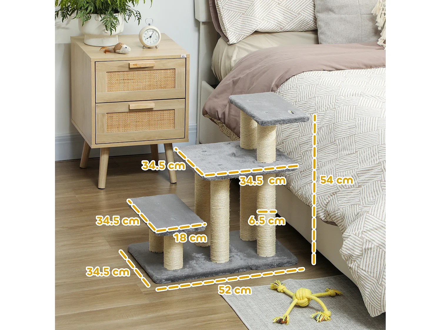 Scaletta per cani e gatti a 3 scalini in peluche e sisal grigio