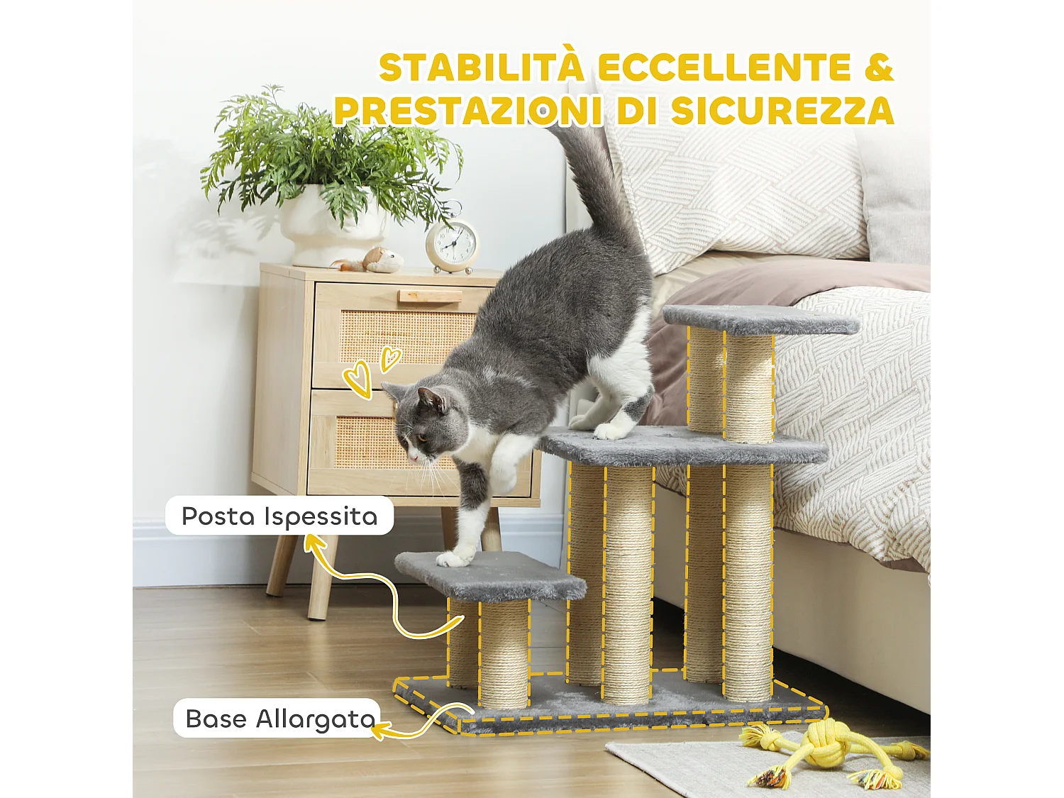 Scaletta per cani e gatti a 3 scalini in peluche e sisal grigio
