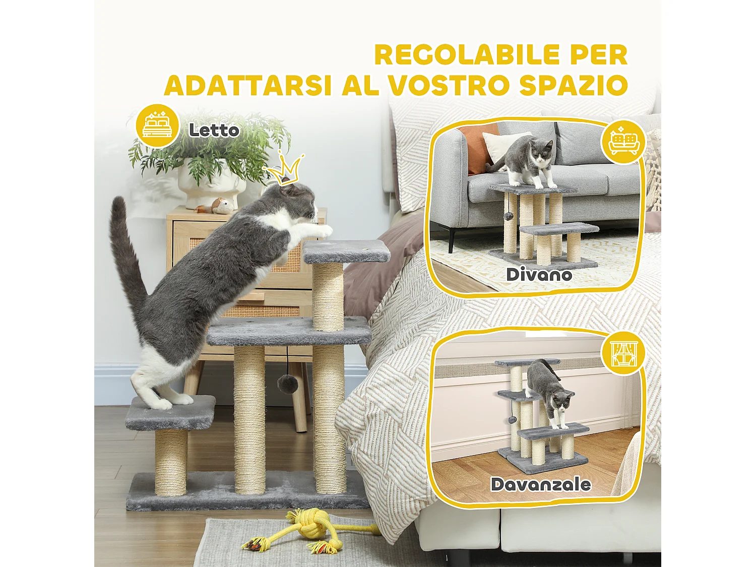 Scaletta per cani e gatti a 3 scalini in peluche e sisal grigio