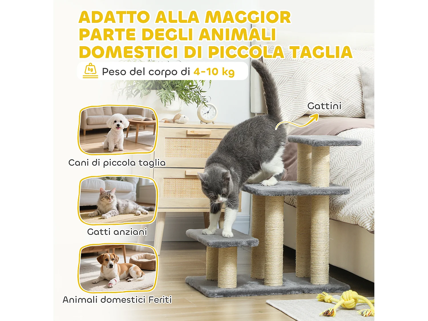 Scaletta per cani e gatti a 3 scalini in peluche e sisal grigio