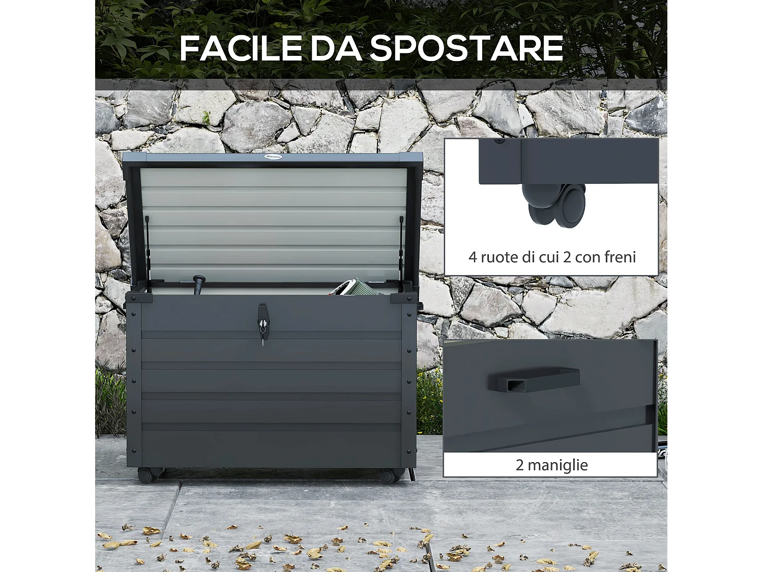 Baule da esterno da 295l in acciaio zincato grigio scuro 2 maniglie