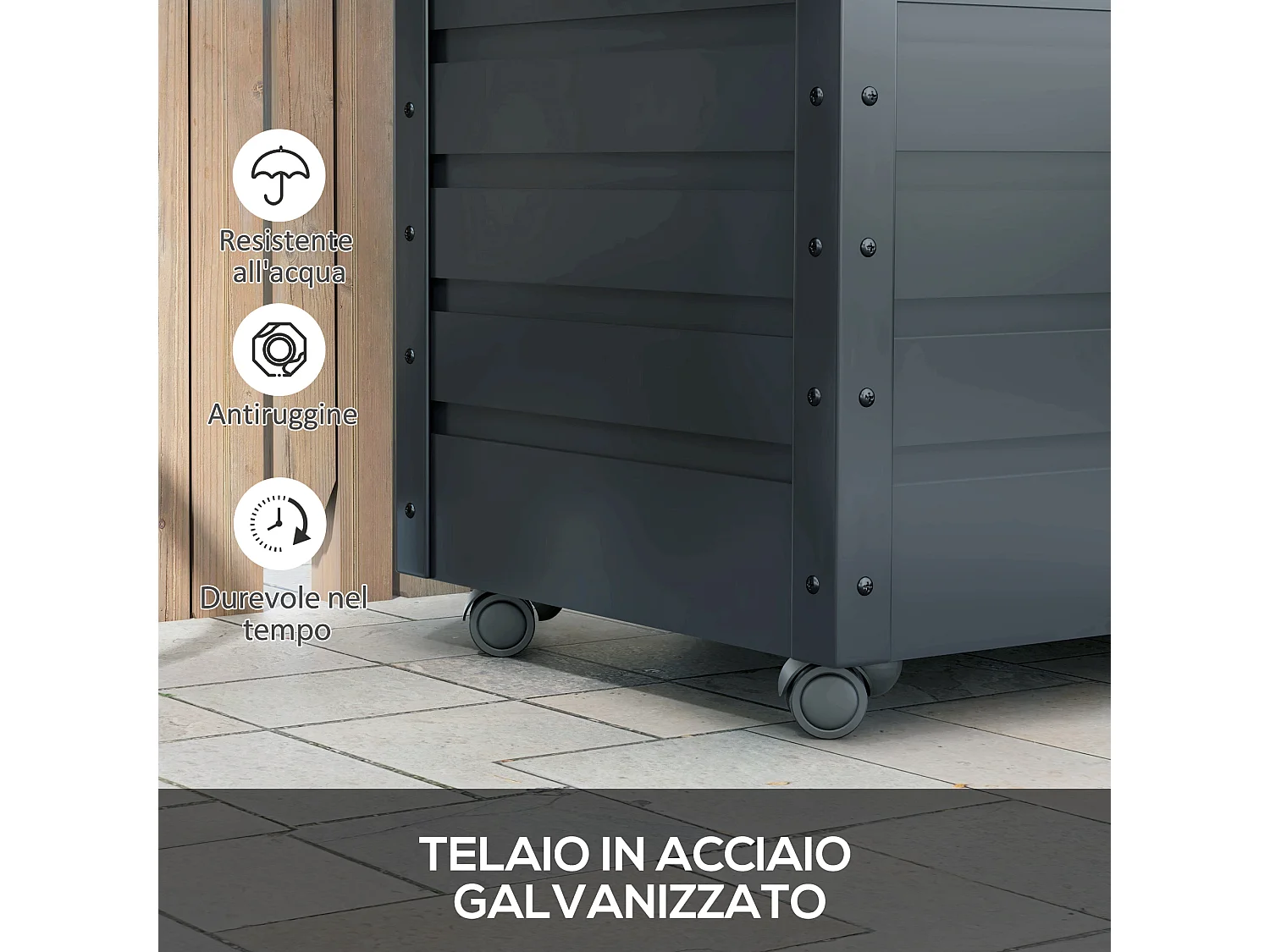 Baule da esterno da 295l in acciaio zincato grigio scuro 2 maniglie