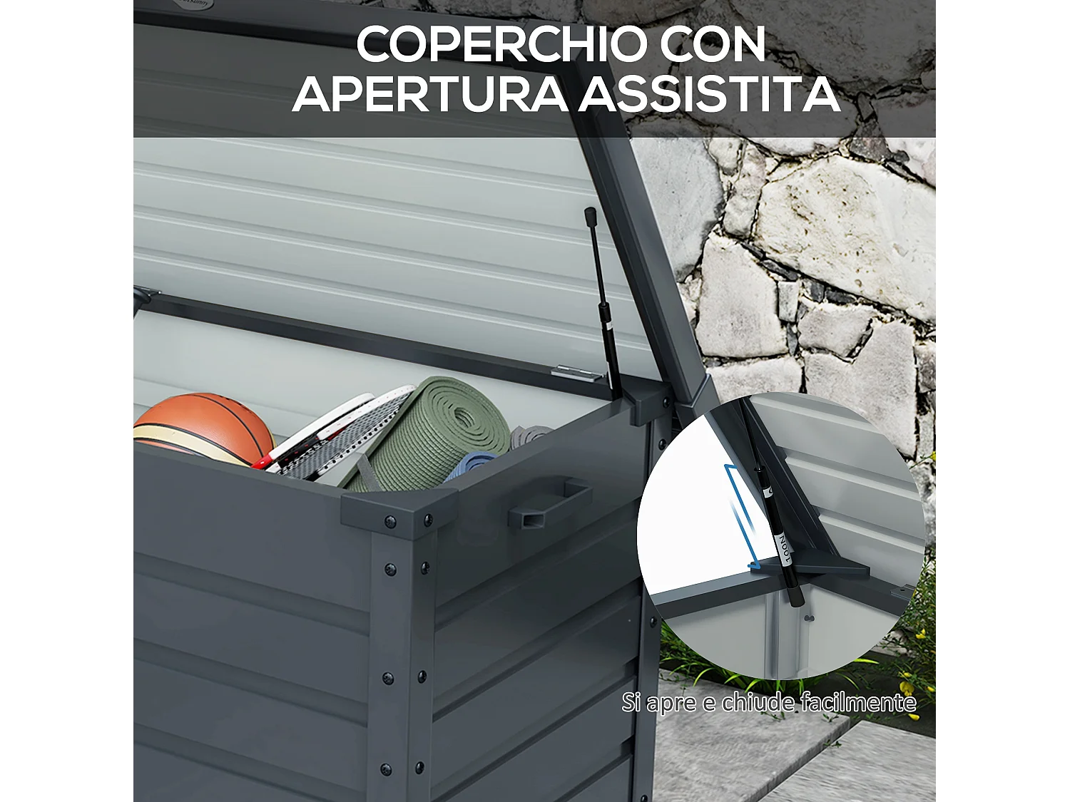 Baule da esterno da 295l in acciaio zincato grigio scuro 2 maniglie