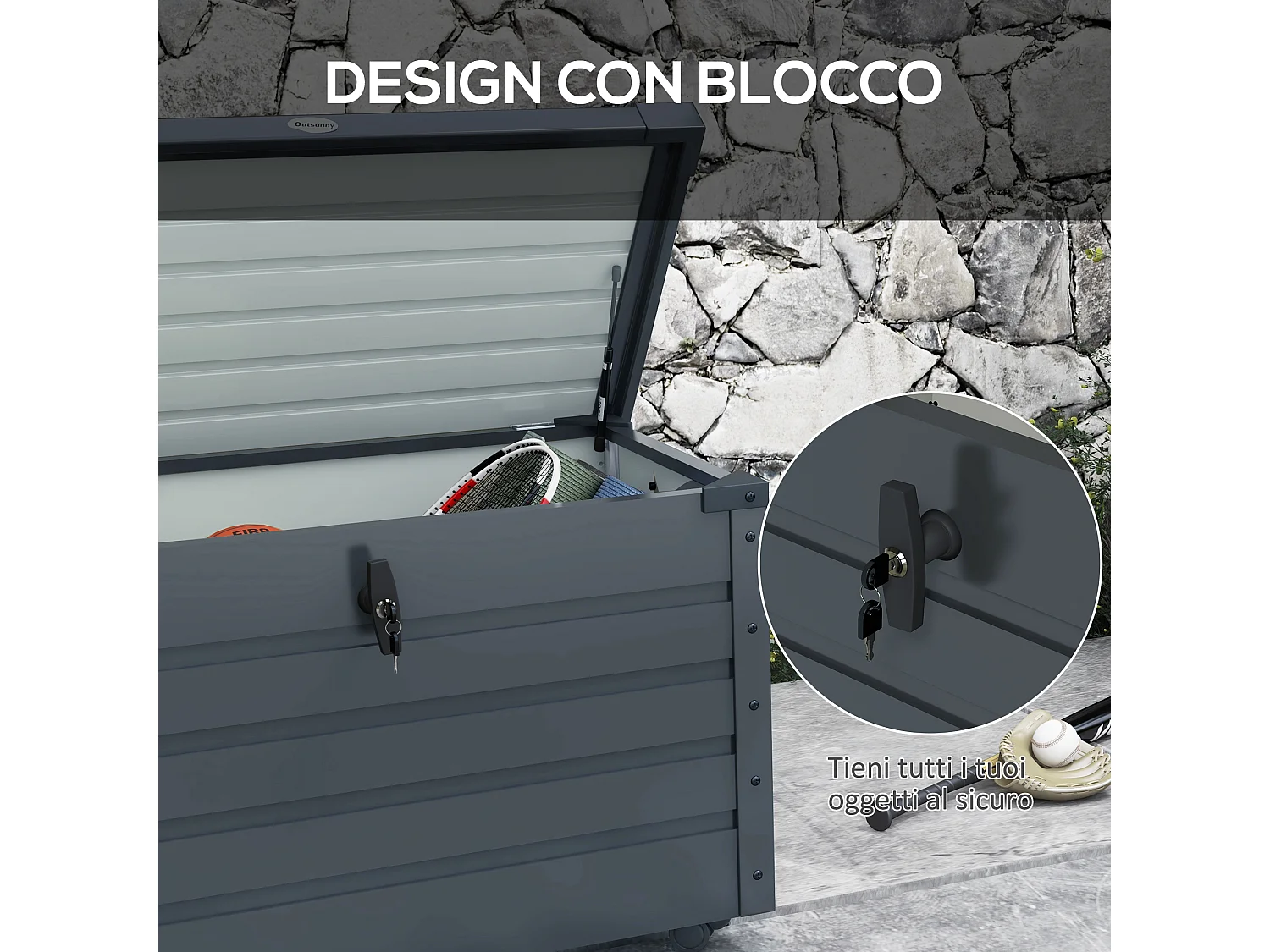 Baule da esterno da 295l in acciaio zincato grigio scuro 2 maniglie