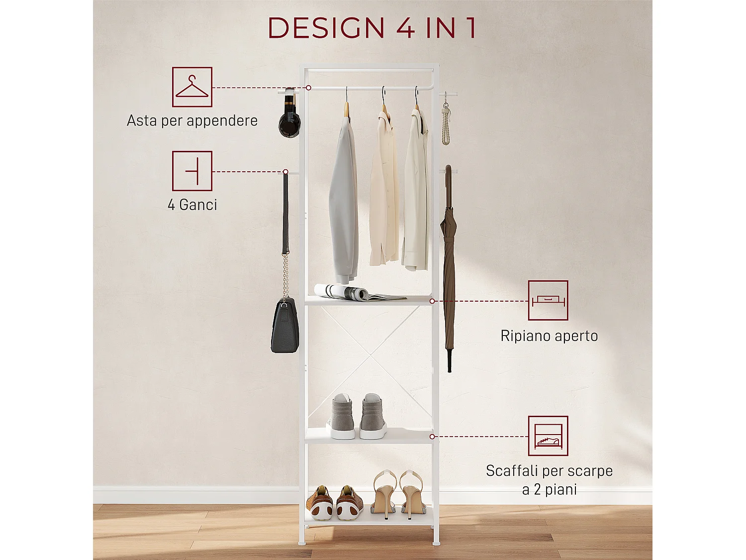 Appendiabiti da ingresso con scarpiera, attaccapanni con barra appendi abiti