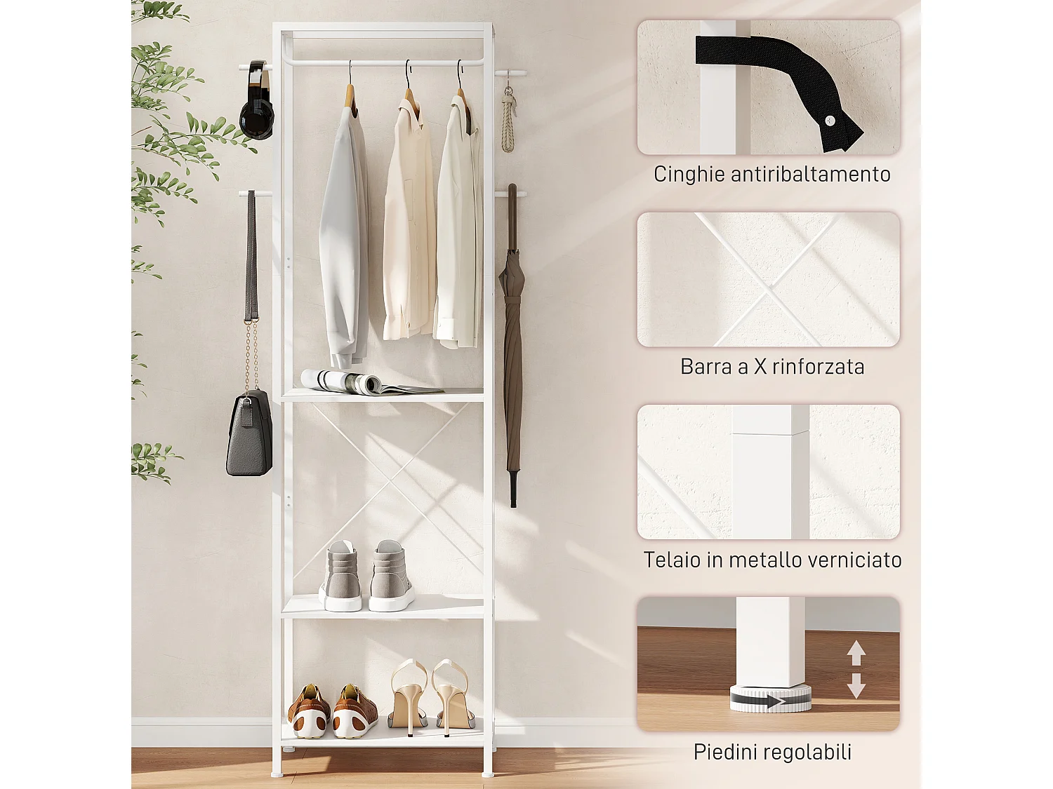 Appendiabiti da ingresso con scarpiera, attaccapanni con barra appendi abiti