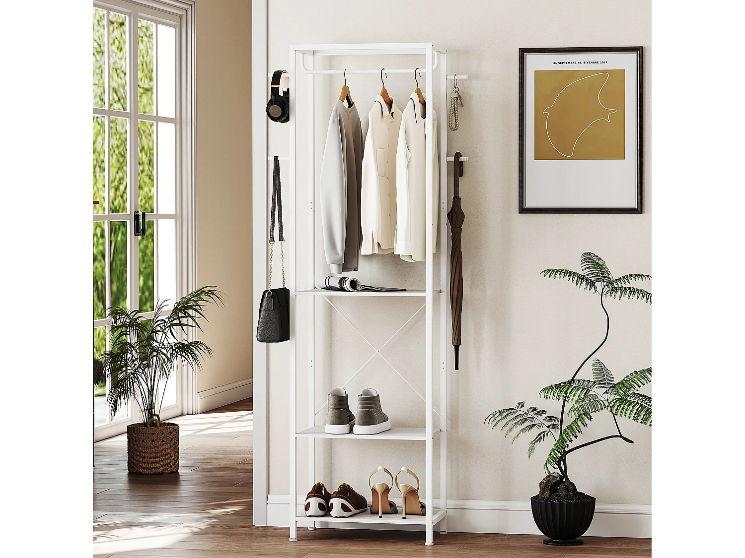 Appendiabiti da ingresso con scarpiera, attaccapanni con barra appendi abiti