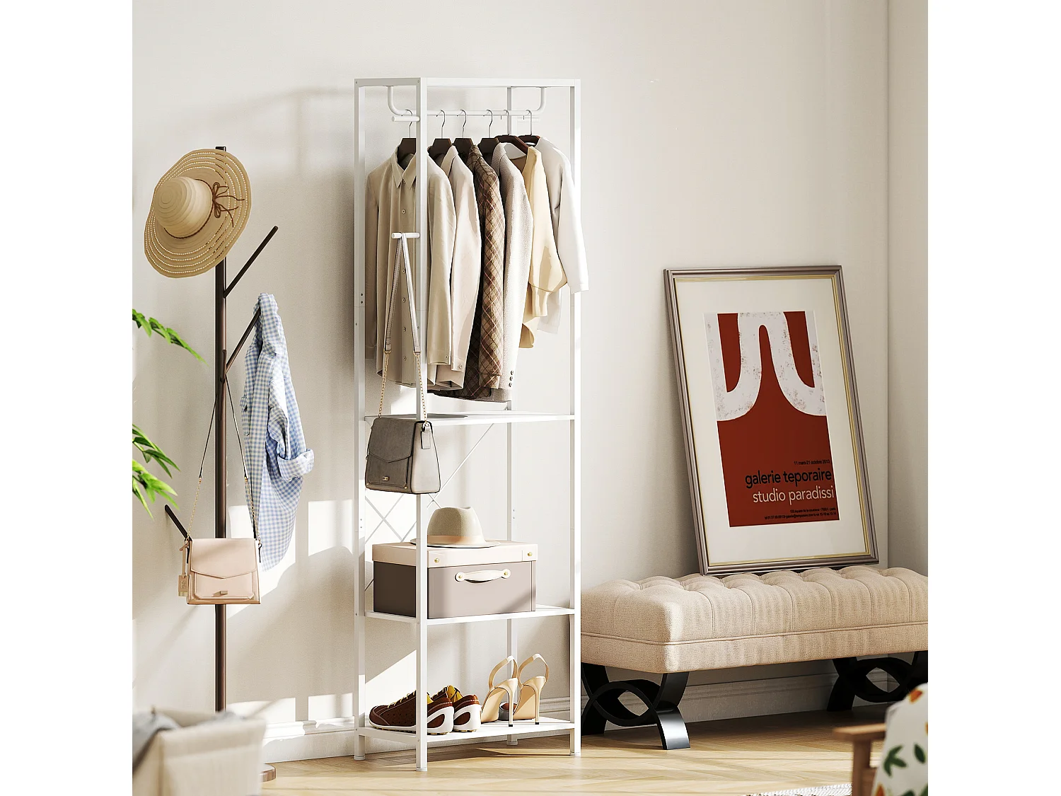 Appendiabiti da ingresso con scarpiera, attaccapanni con barra appendi abiti