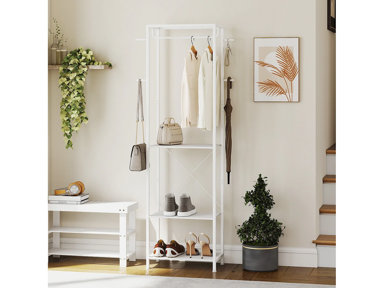 Appendiabiti da ingresso con scarpiera, attaccapanni con barra appendi abiti
