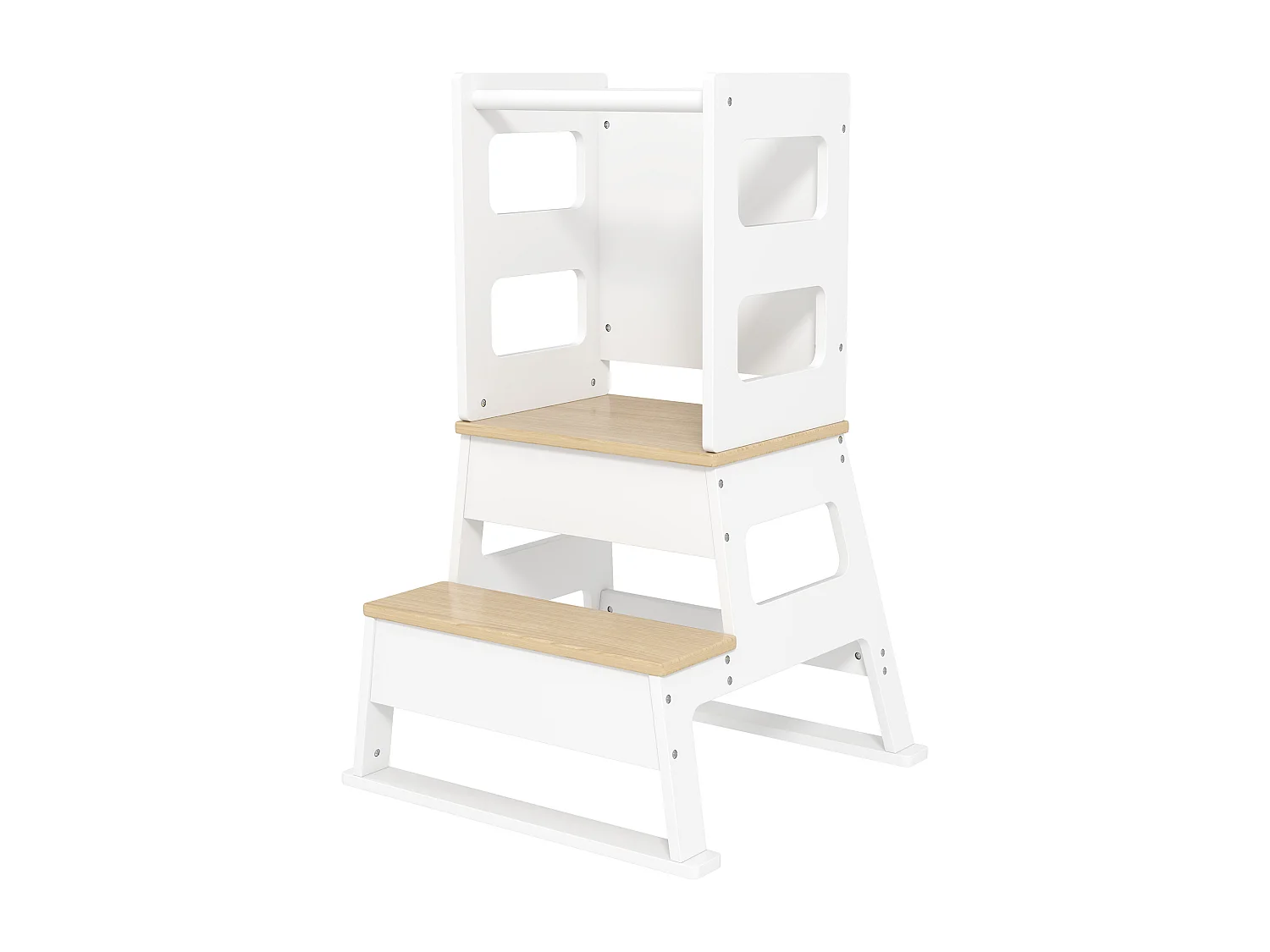 Torre montessoriana per bambini con lavagna ringhiera in legno bianco