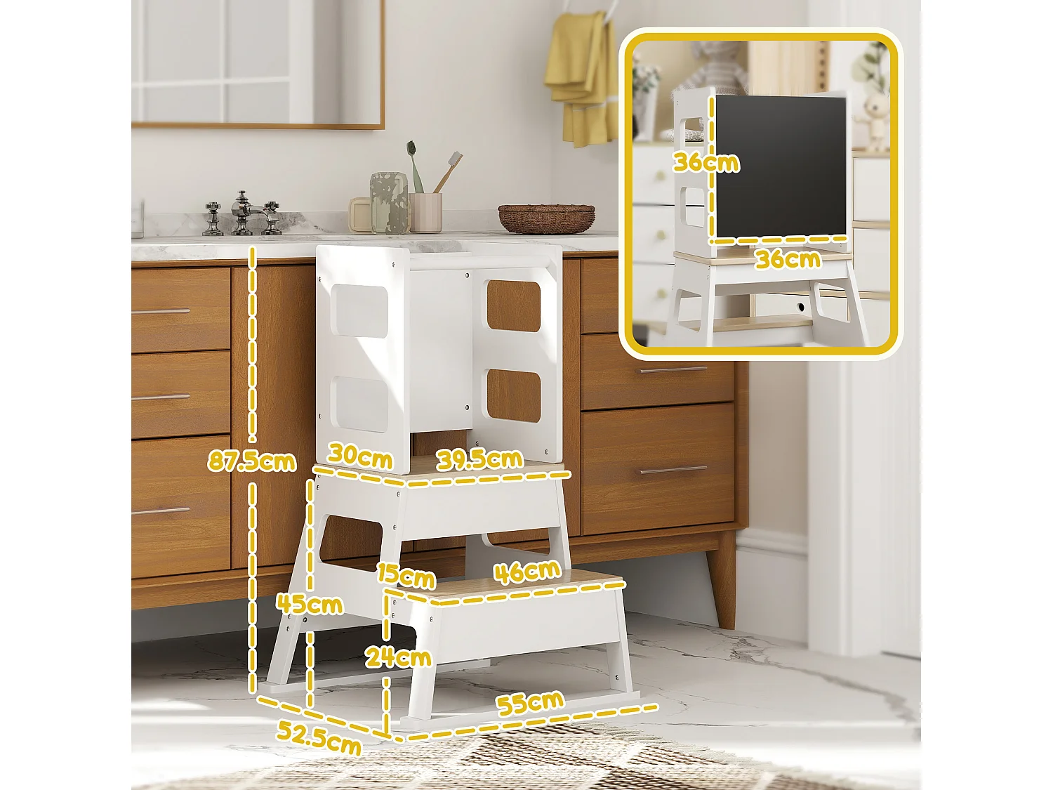 Torre montessoriana per bambini con lavagna ringhiera in legno bianco