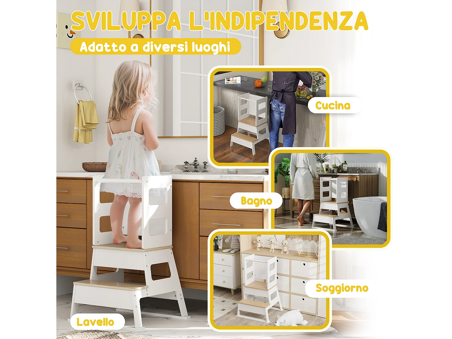 Torre montessoriana per bambini con lavagna ringhiera in legno bianco