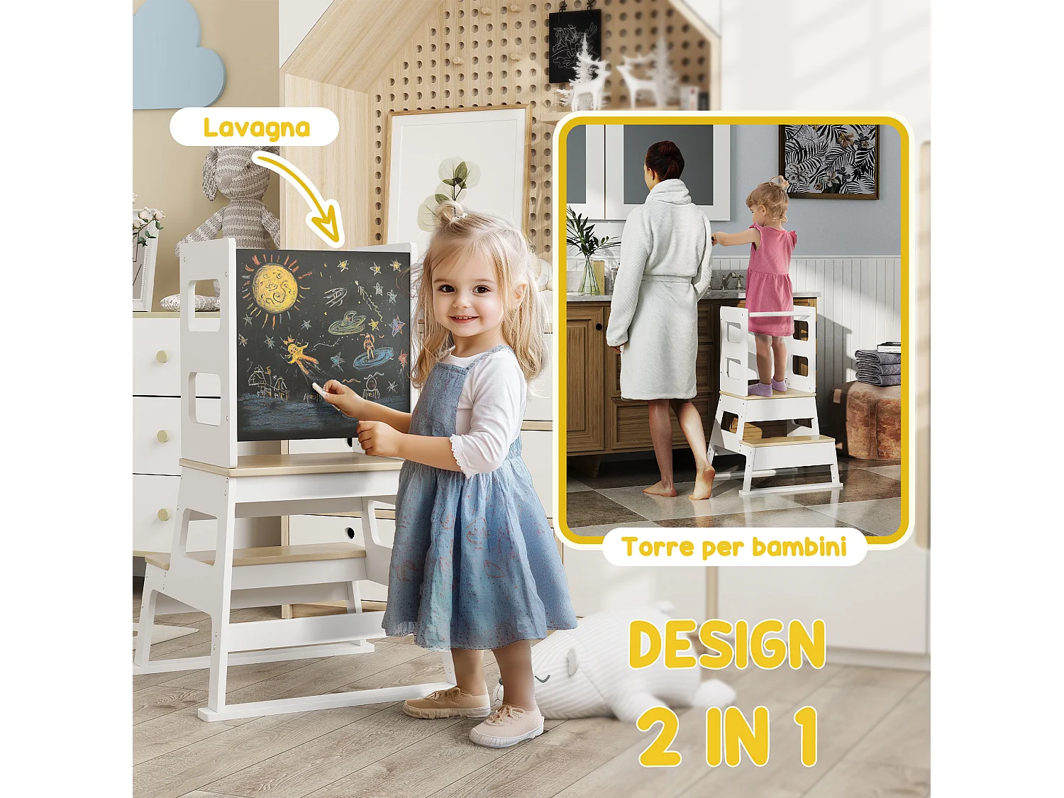 Torre montessoriana per bambini con lavagna ringhiera in legno bianco