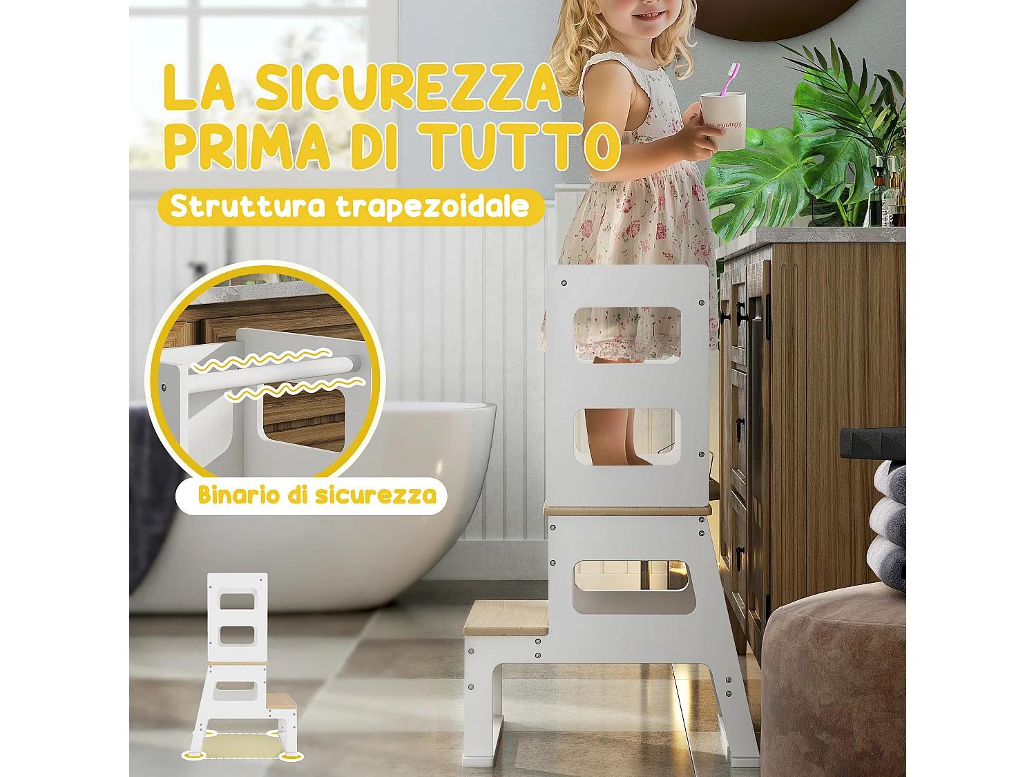 Torre montessoriana per bambini con lavagna ringhiera in legno bianco