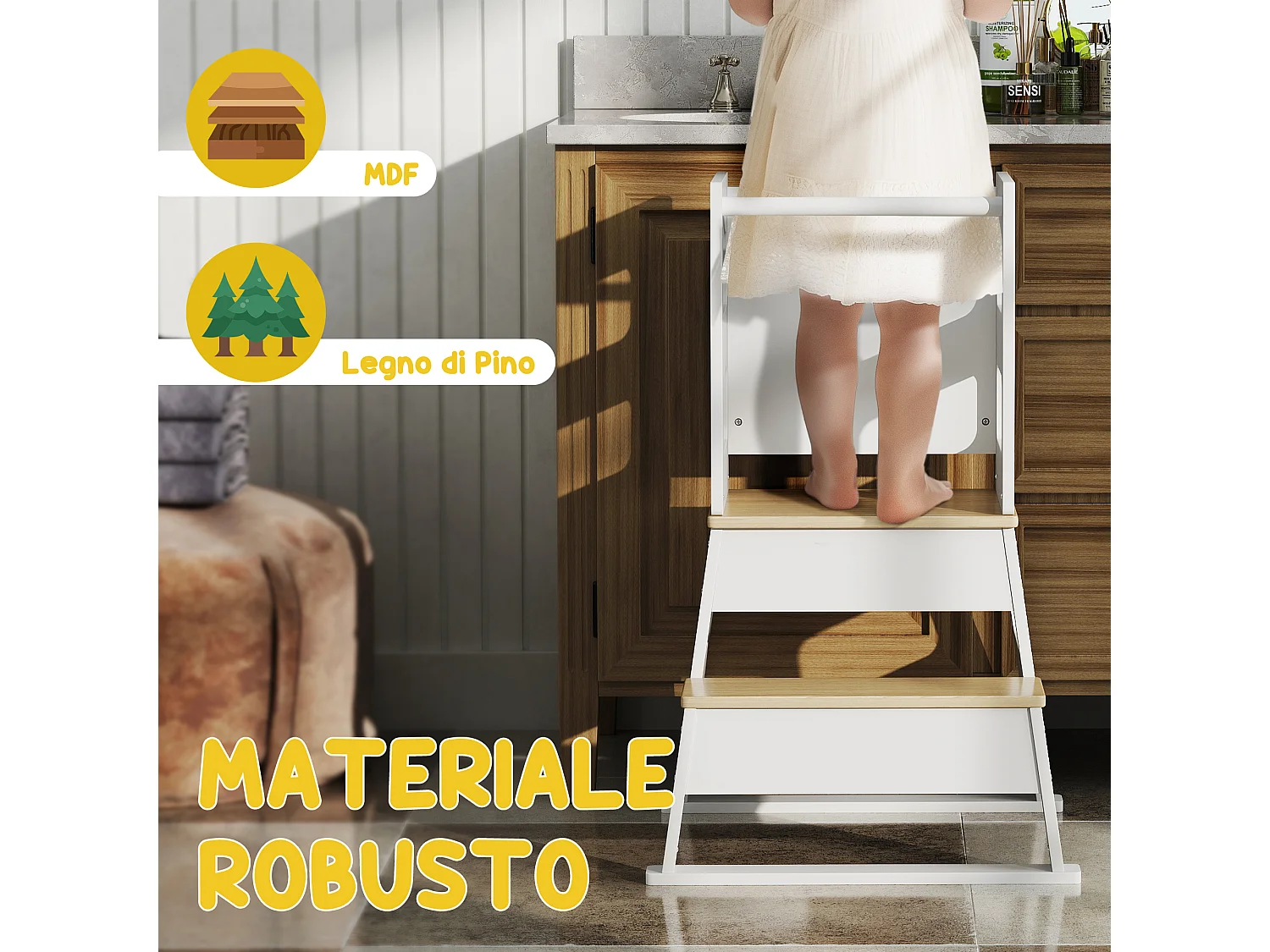 Torre montessoriana per bambini con lavagna ringhiera in legno bianco