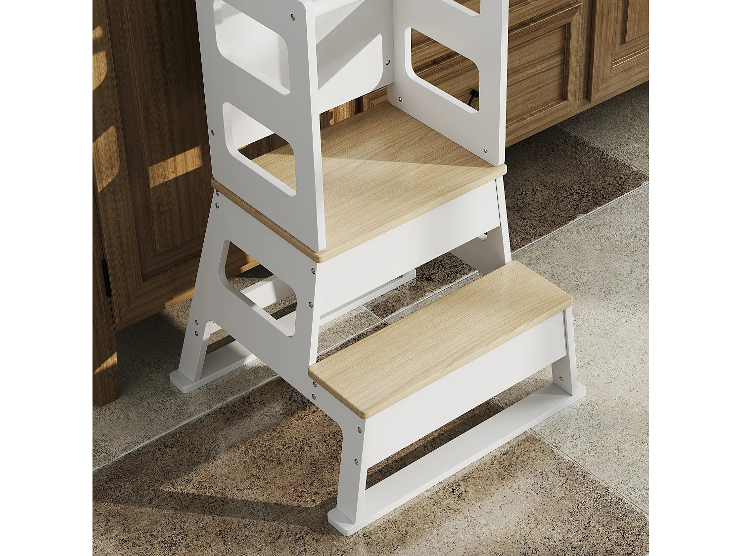 Torre montessoriana per bambini con lavagna ringhiera in legno bianco