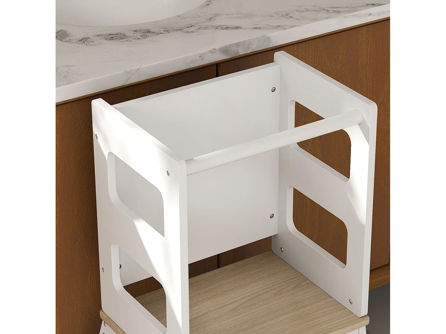 Torre montessoriana per bambini con lavagna ringhiera in legno bianco