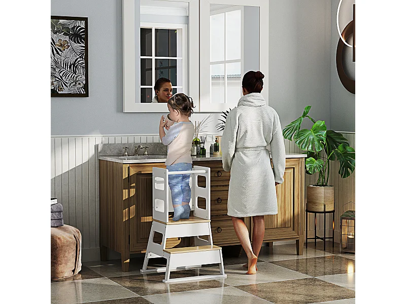 Torre montessoriana per bambini con lavagna ringhiera in legno bianco