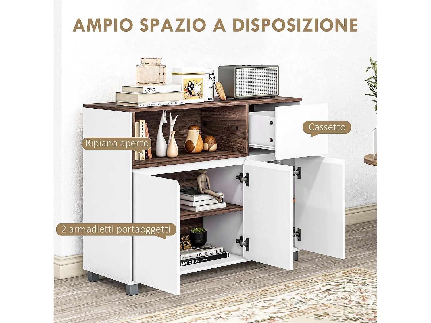 Mobile cucina con armadietti e cassetto in legno bianco