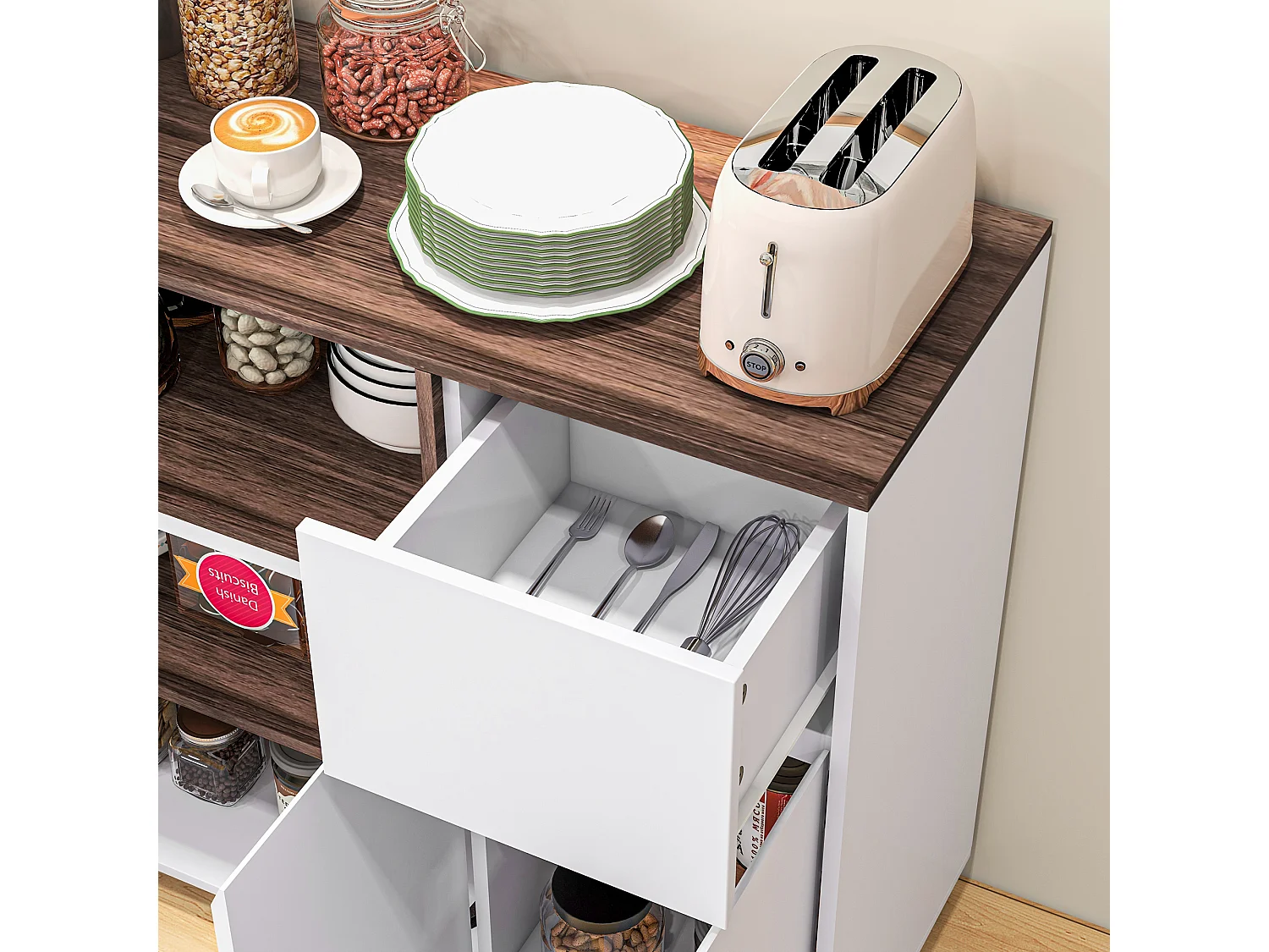 Mobile cucina con armadietti e cassetto in legno bianco