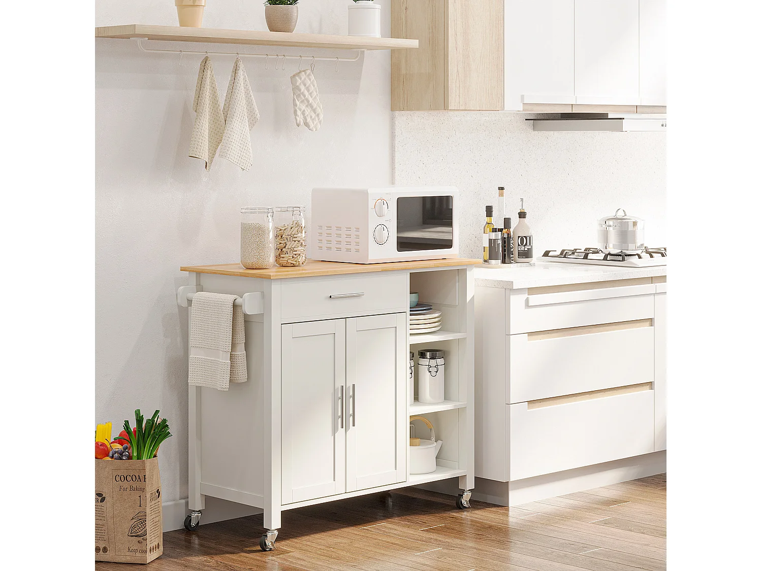 Carrello con ruote salvaspazio, penisola cucina in legno massiccio