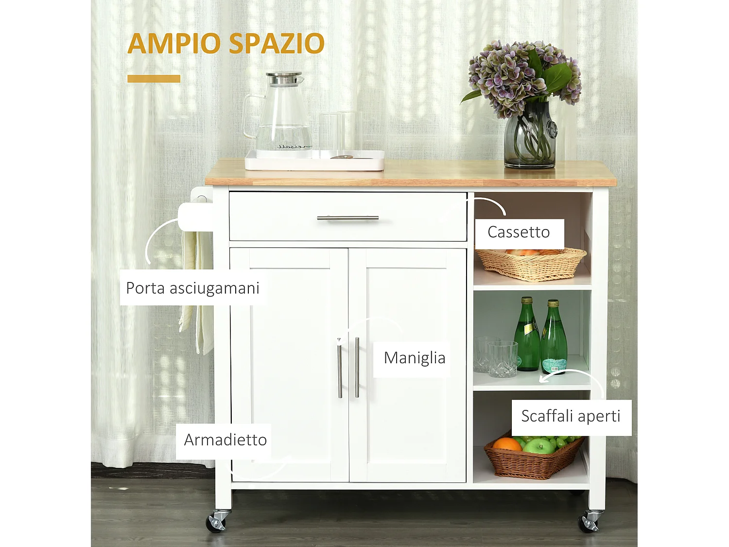 Carrello con ruote salvaspazio, penisola cucina in legno massiccio