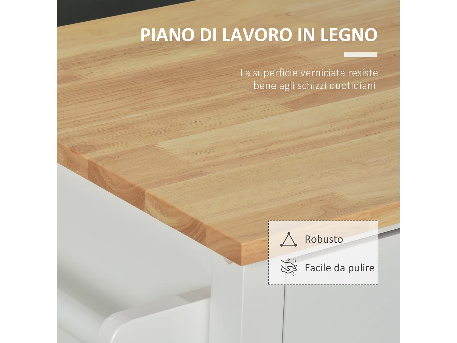 Carrello con ruote salvaspazio, penisola cucina in legno massiccio