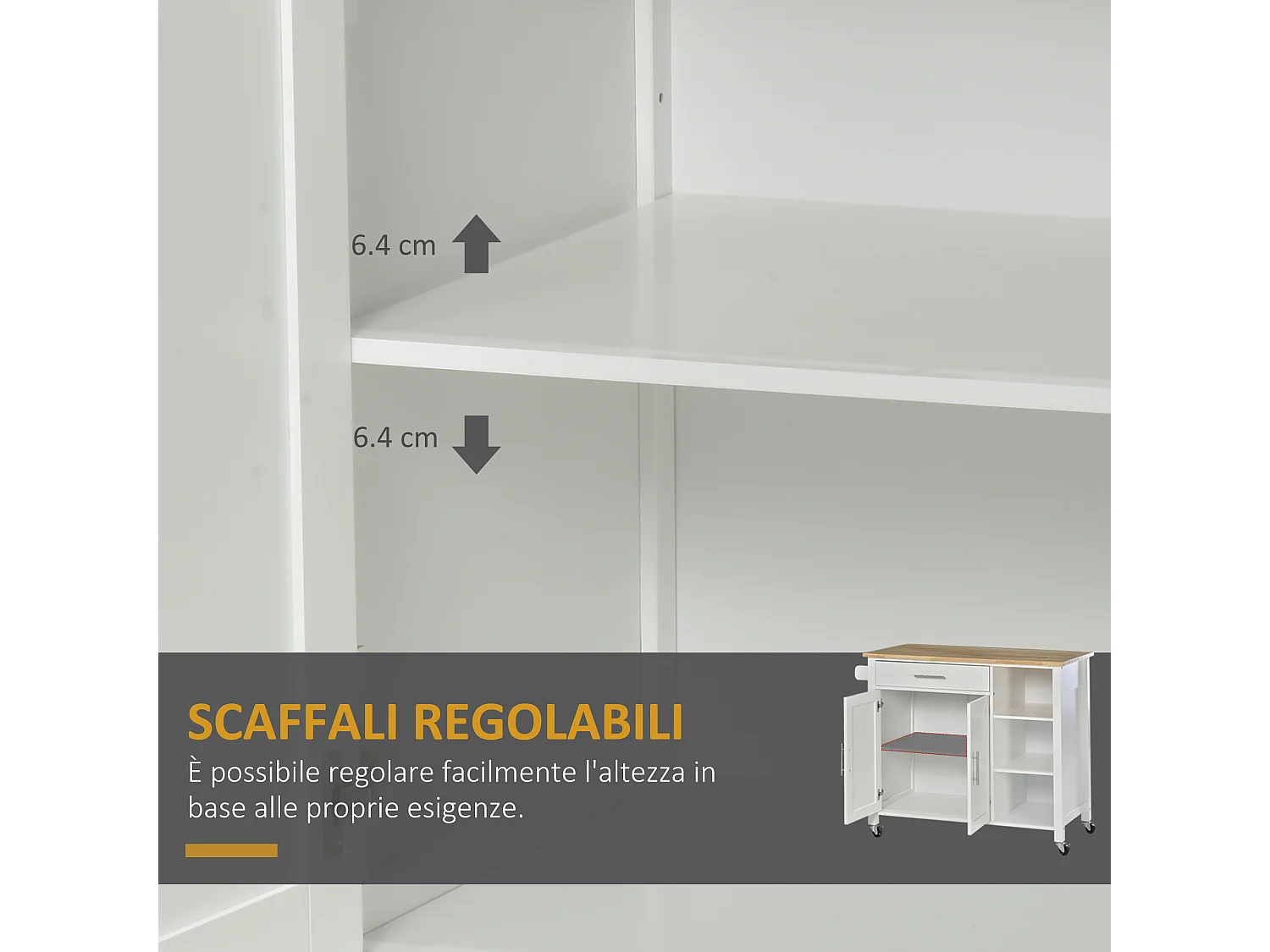 Carrello con ruote salvaspazio, penisola cucina in legno massiccio