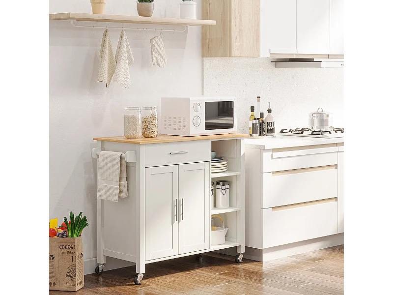 Carrello con ruote salvaspazio, penisola cucina in legno massiccio