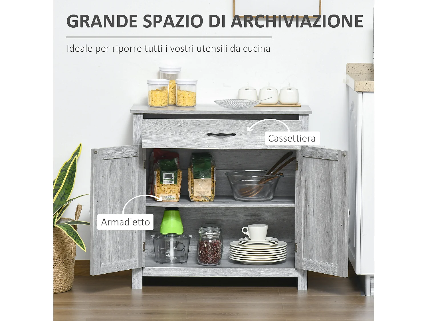 Credenza cucina stile country con cassetto e armadietto 2 ante grigio