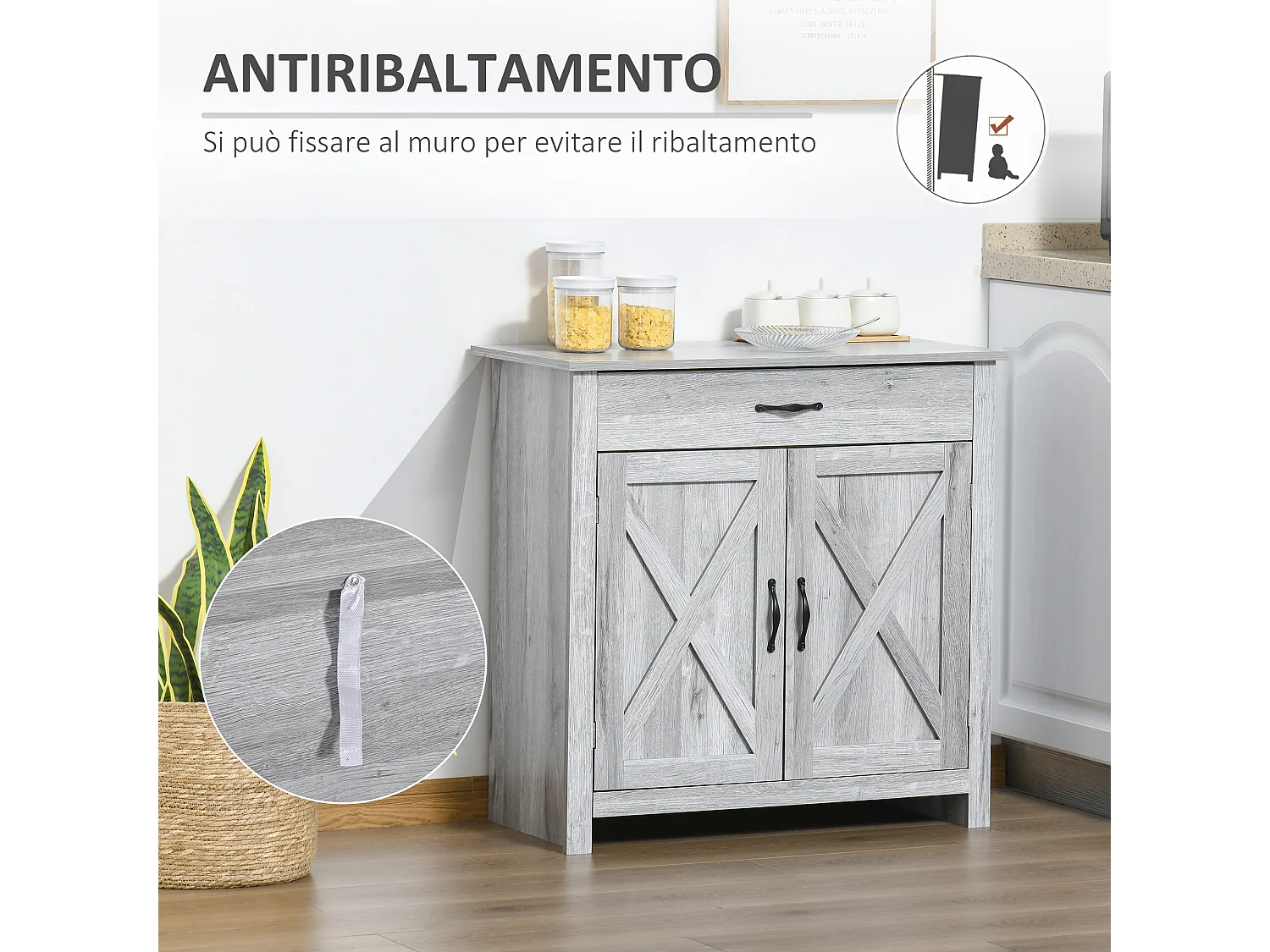 Credenza cucina stile country con cassetto e armadietto 2 ante grigio