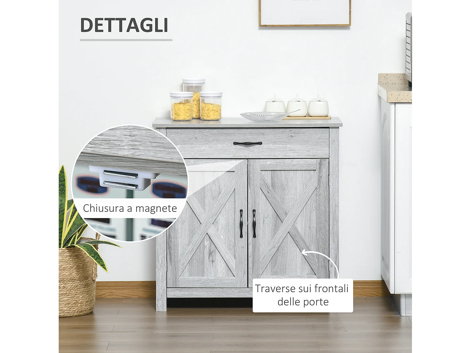 Credenza cucina stile country con cassetto e armadietto 2 ante grigio