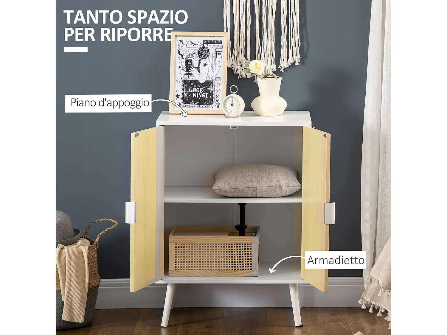 Credenza moderna in legno mobiletto multiuso con ripiani per soggiorno