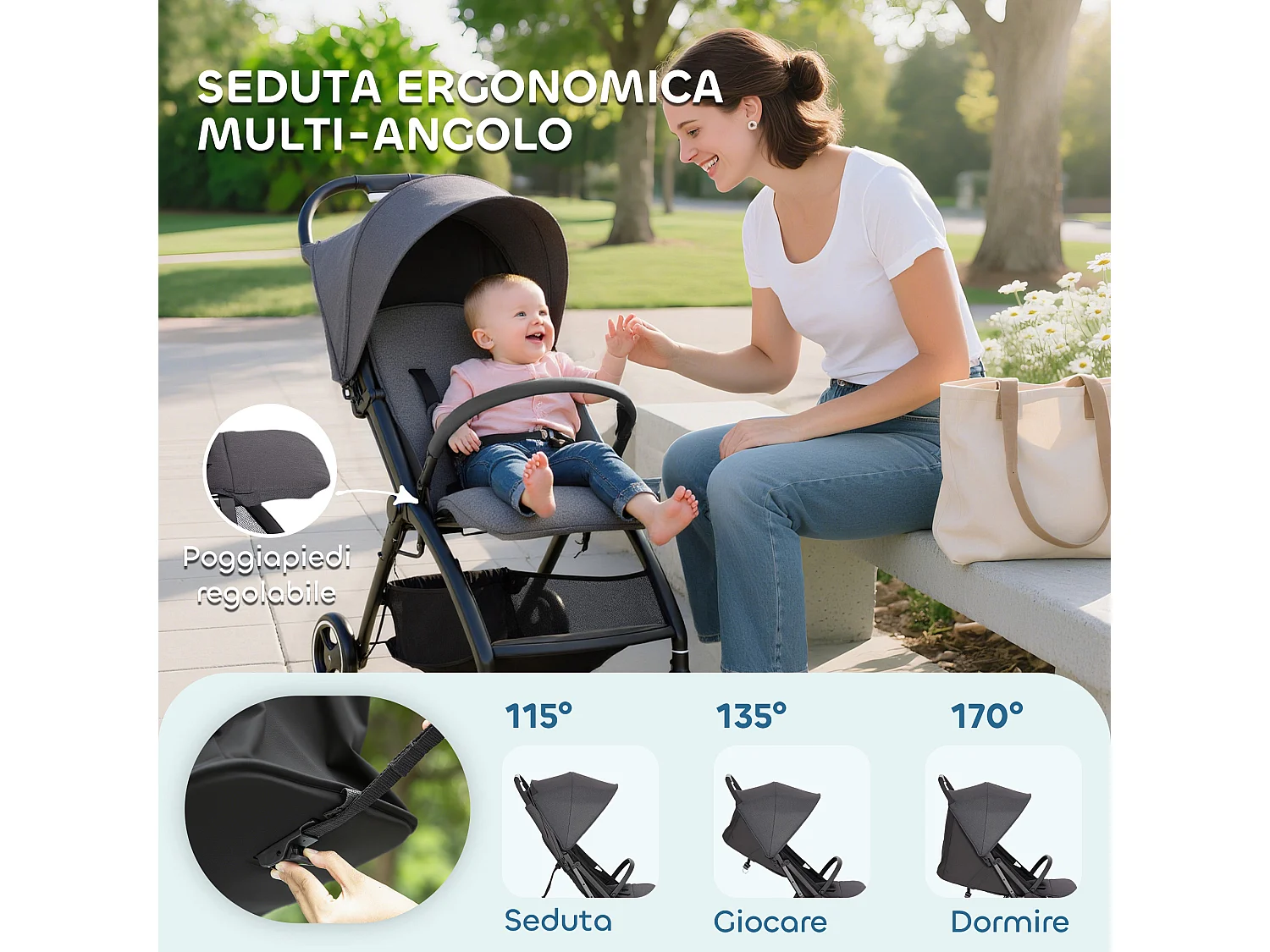 Passeggino per bambini pieghevole con schienale regolabile grigio