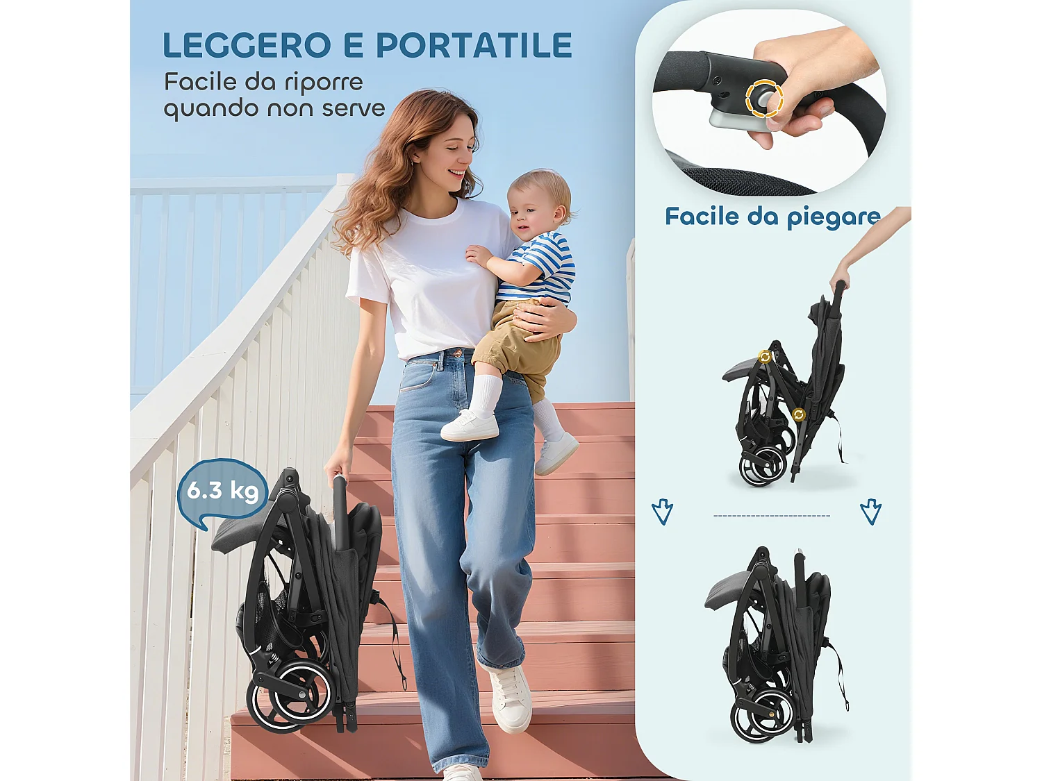 Passeggino per bambini pieghevole con schienale regolabile grigio