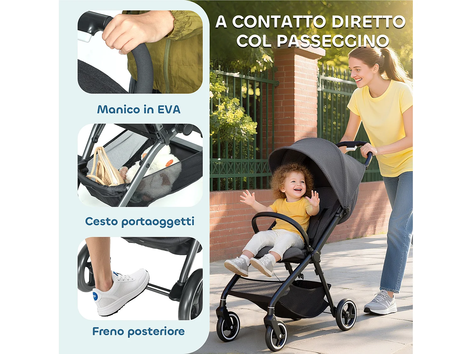 Passeggino per bambini pieghevole con schienale regolabile grigio