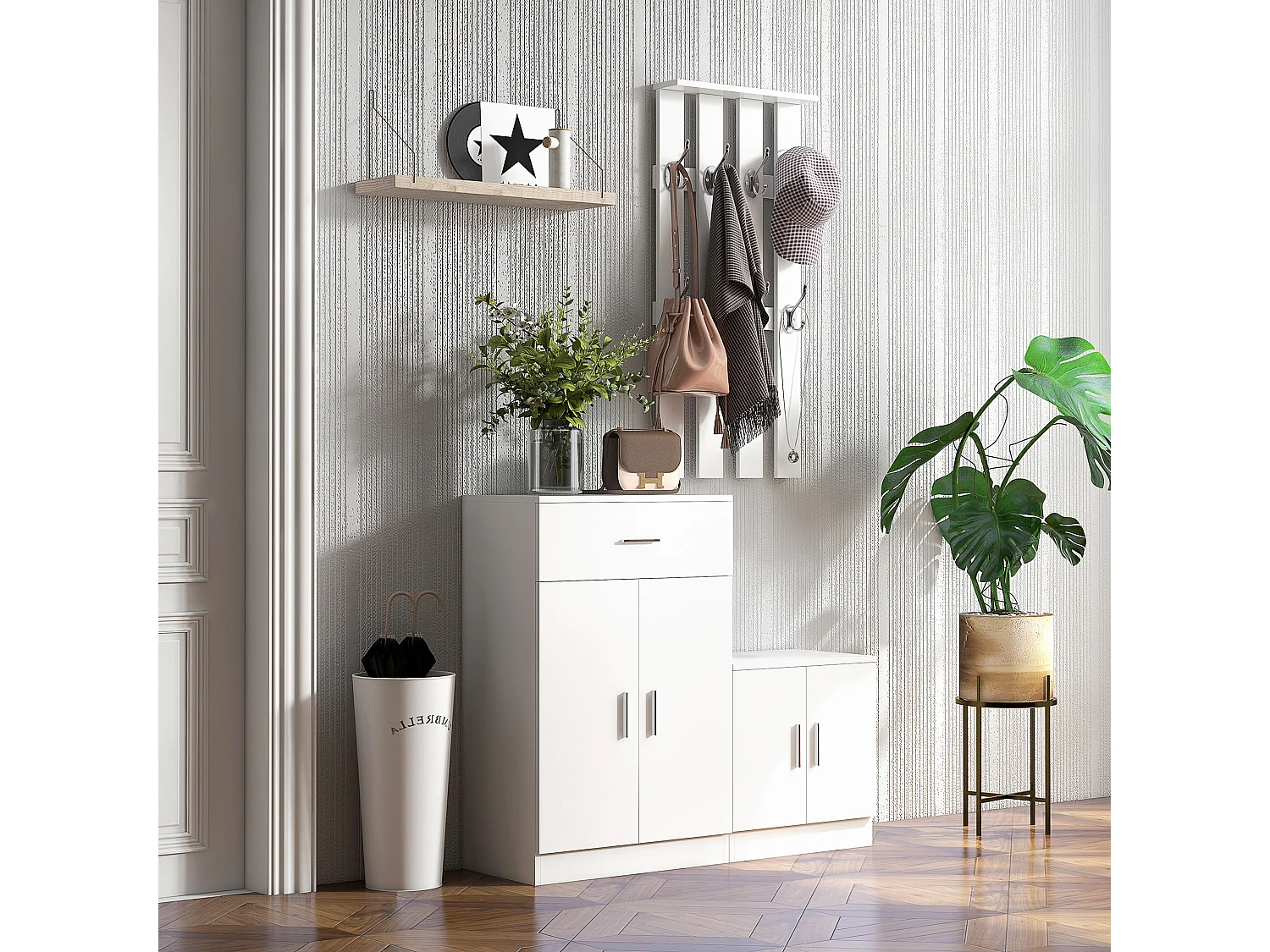 Mobile da ingresso appendiabiti con scarpiera in legno bianco