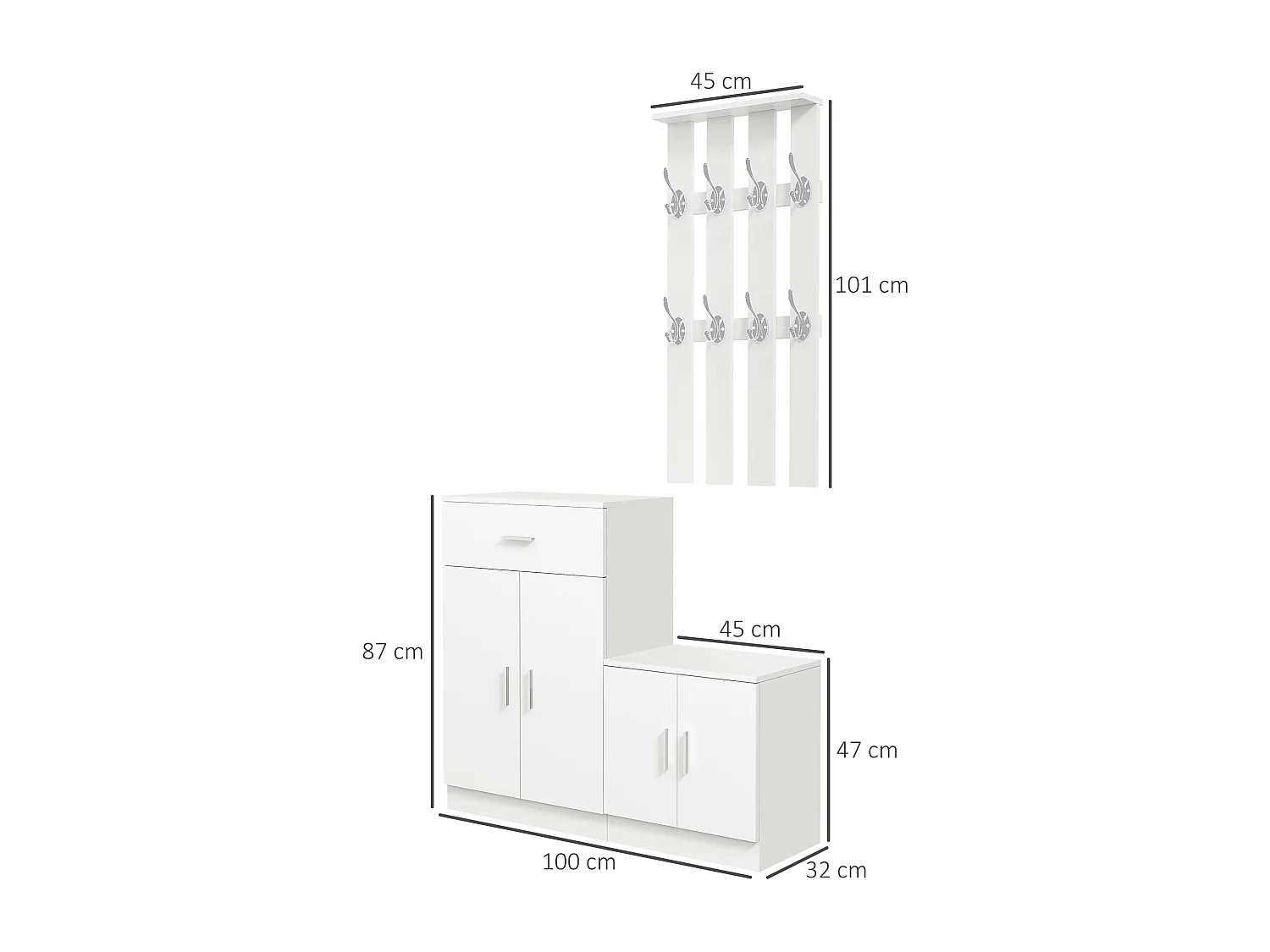 Mobile da ingresso appendiabiti con scarpiera in legno bianco
