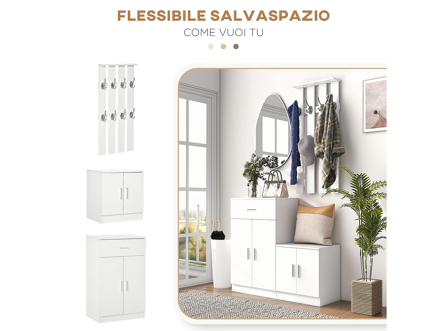 Mobile da ingresso appendiabiti con scarpiera in legno bianco