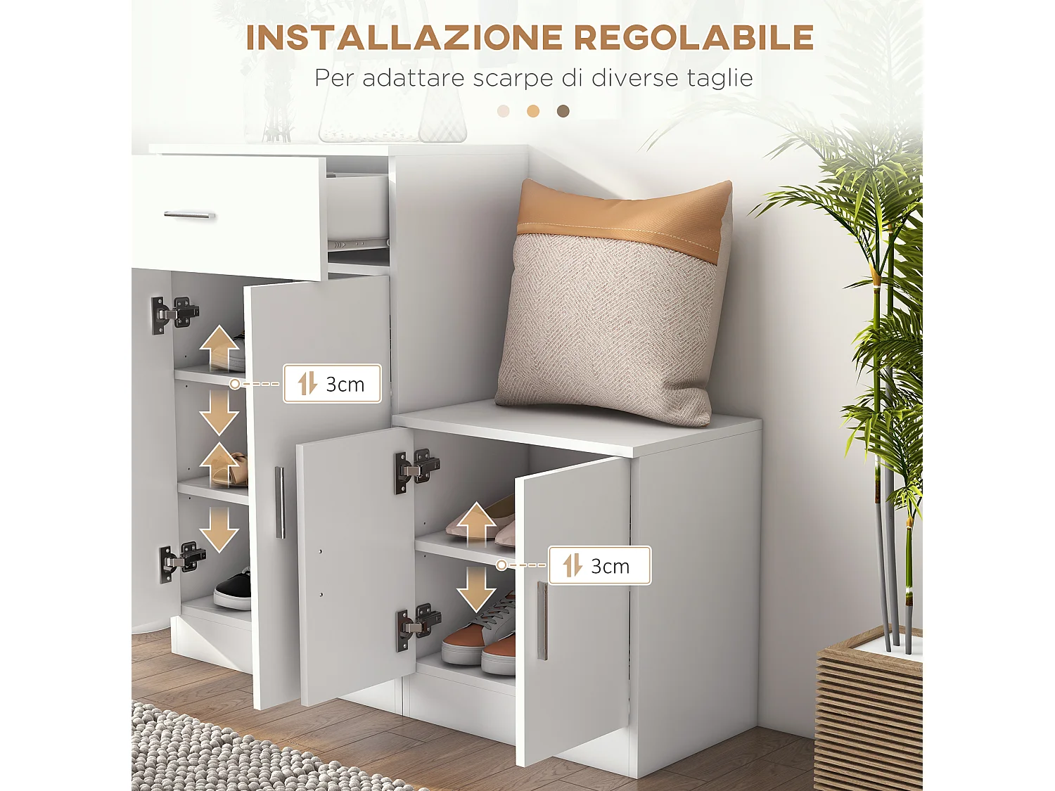 Mobile da ingresso appendiabiti con scarpiera in legno bianco