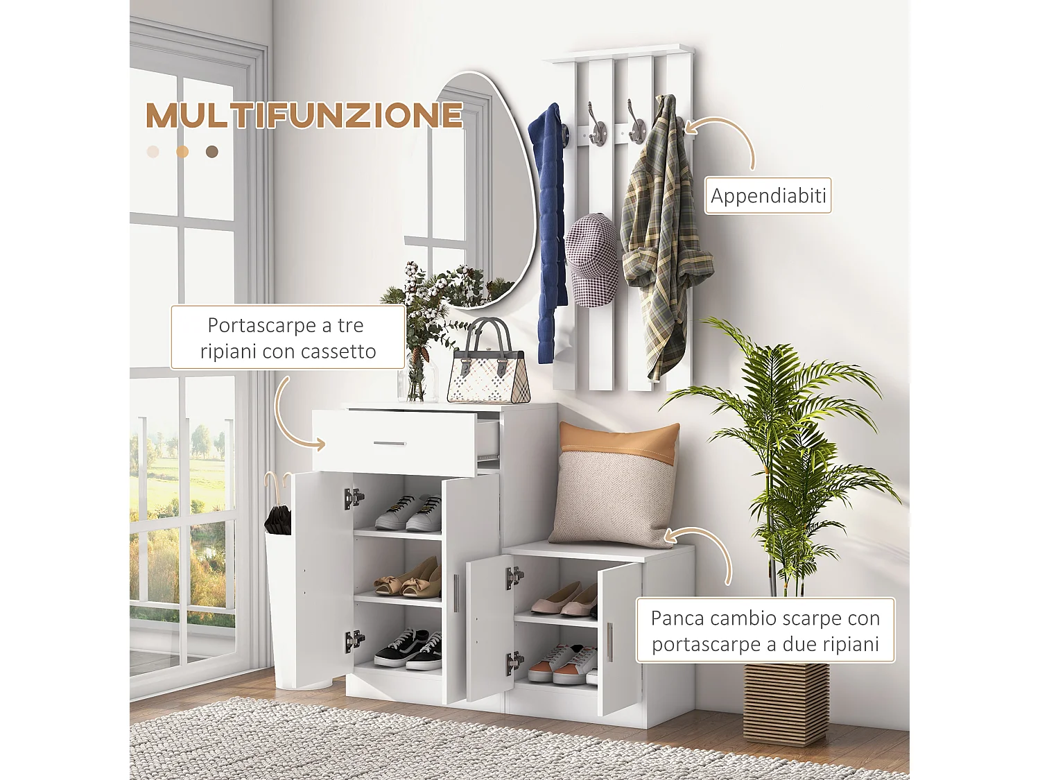 Mobile da ingresso appendiabiti con scarpiera in legno bianco