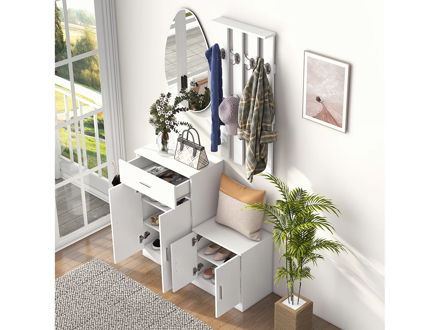 Mobile da ingresso appendiabiti con scarpiera in legno bianco
