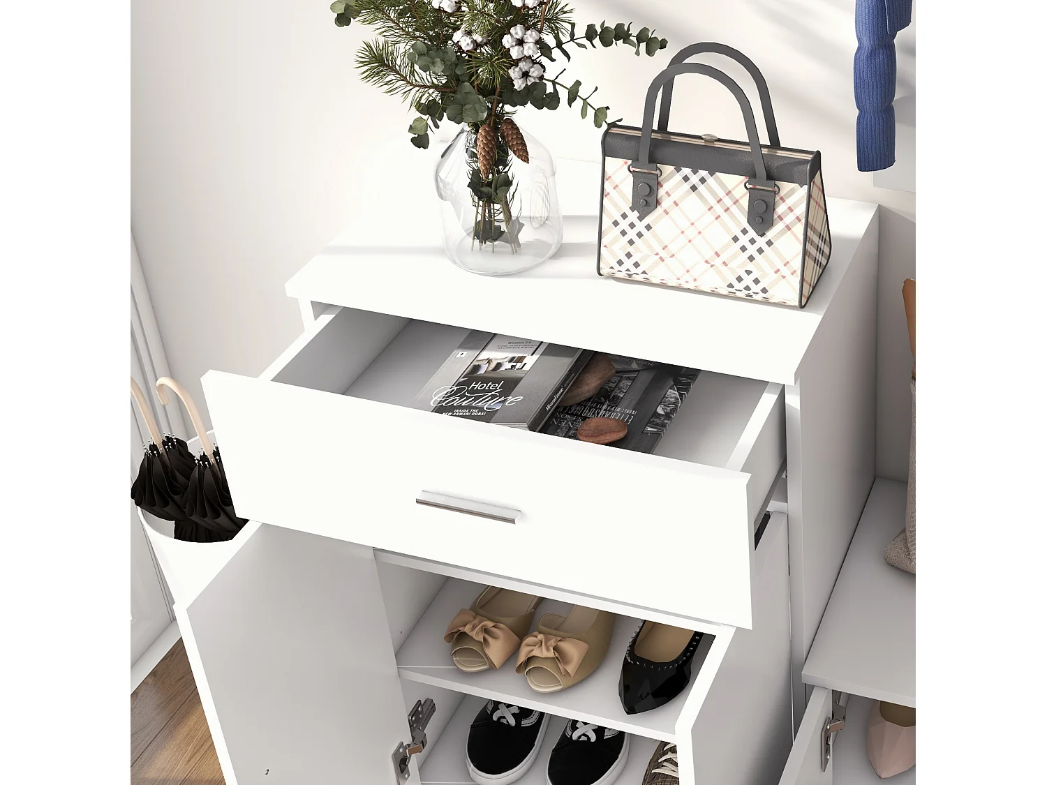 Mobile da ingresso appendiabiti con scarpiera in legno bianco