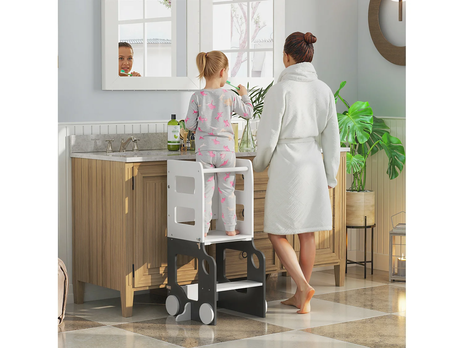 Scala montessori 4 in 1 con 2 lavagne e set tavolo e sedia bianco