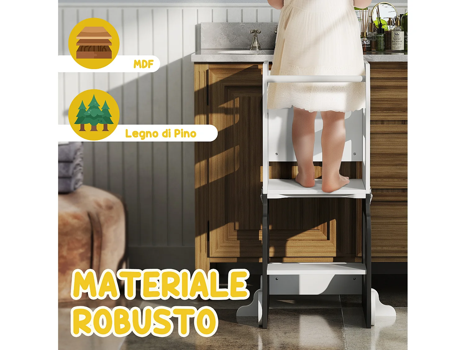 Scala montessori 4 in 1 con 2 lavagne e set tavolo e sedia bianco