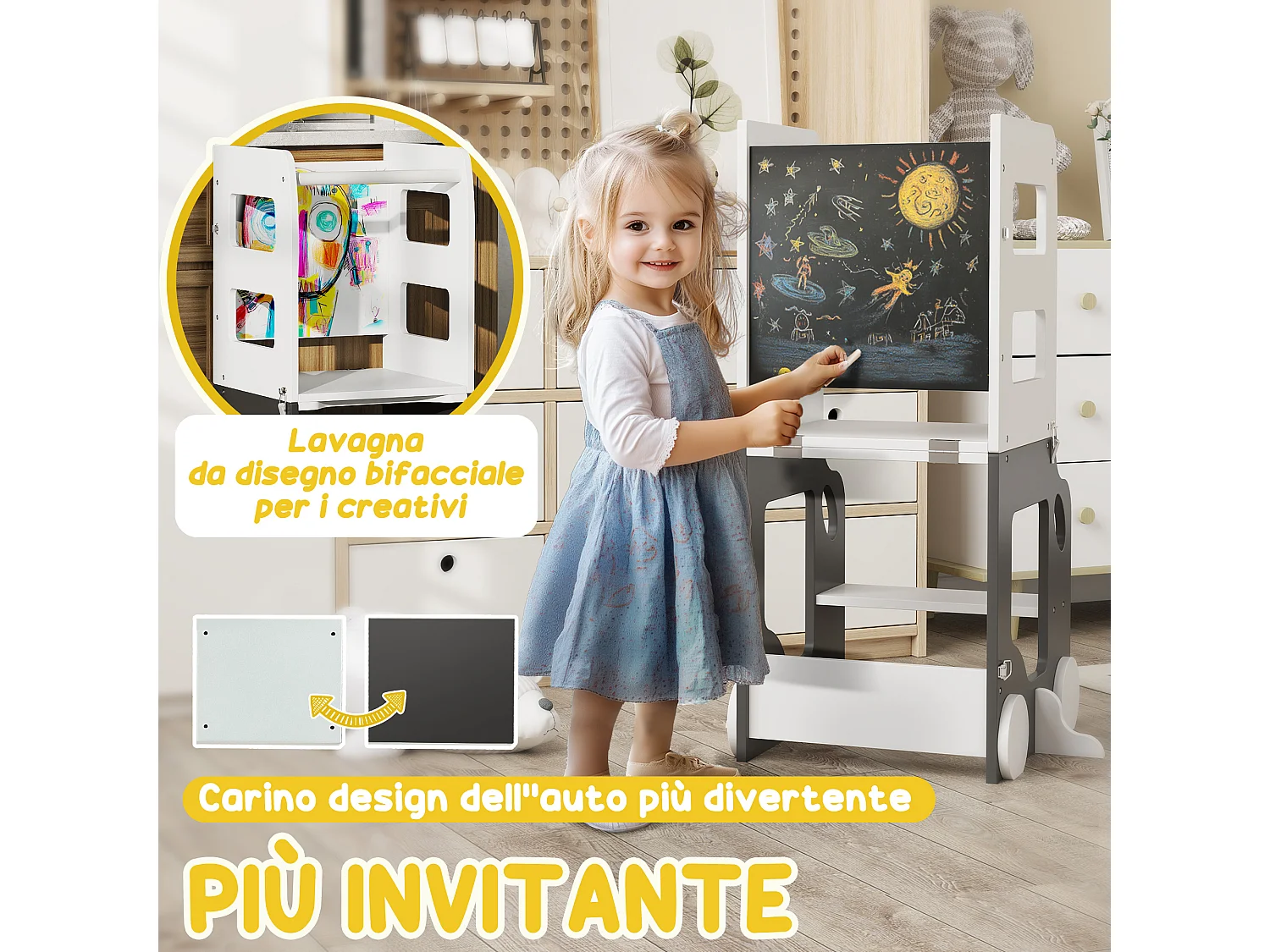 Scala montessori 4 in 1 con 2 lavagne e set tavolo e sedia bianco