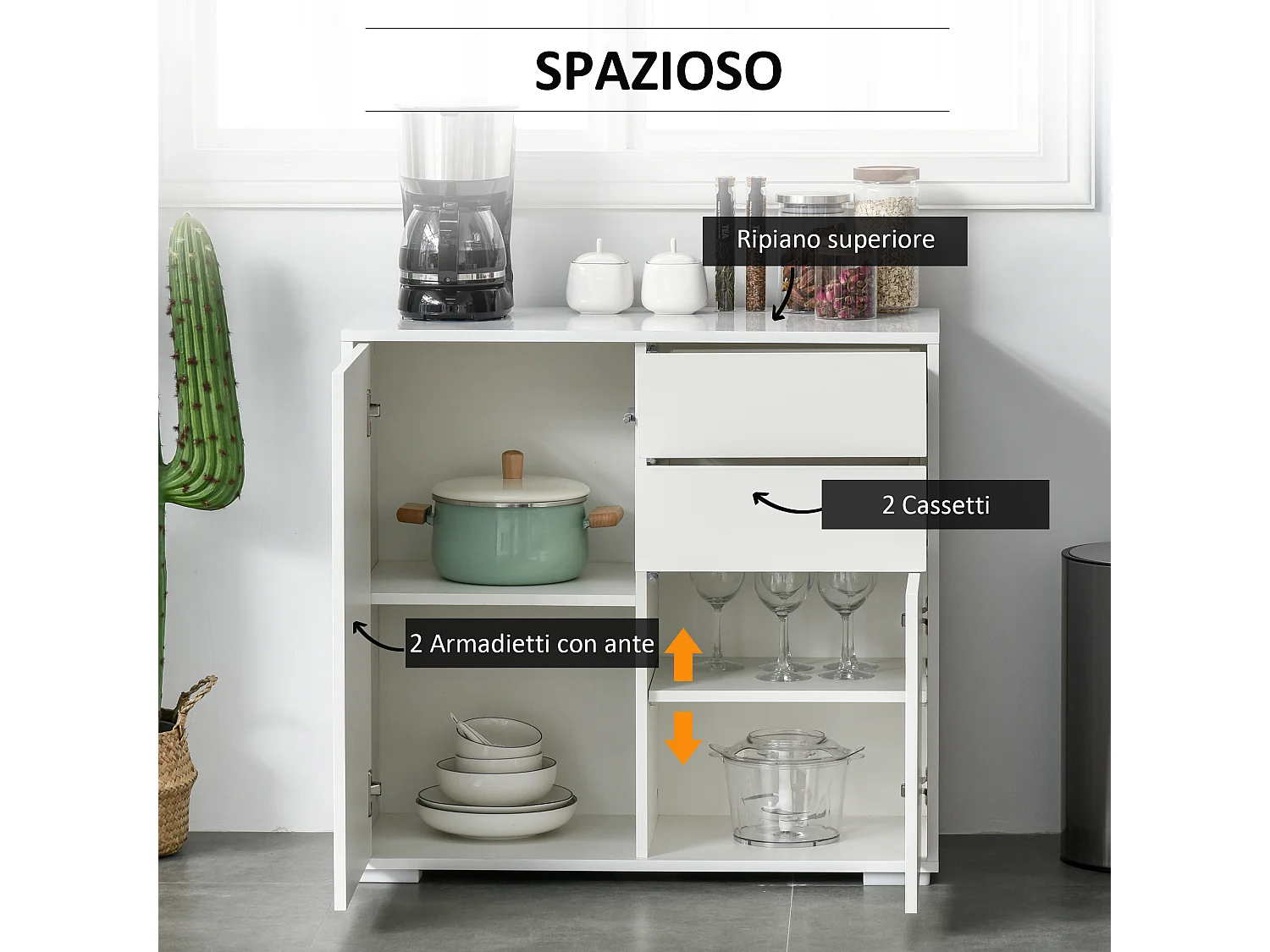 Mobiletto multiuso 2 cassetti e armadietti apertura a pressione