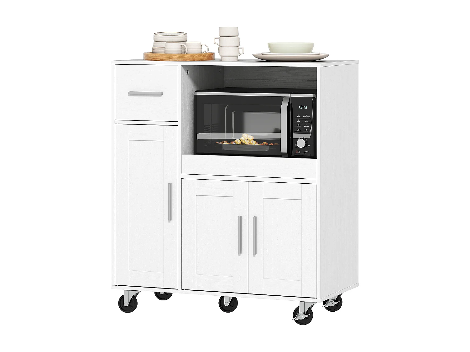 Mobile microonde con 5 ruote, credenza cucina con piano estraibile
