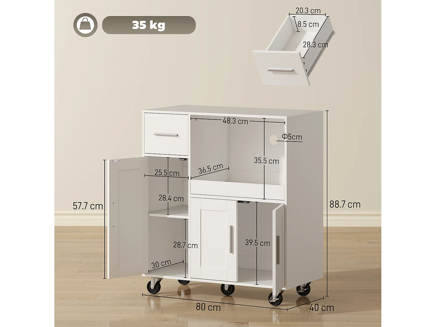 Mobile microonde con 5 ruote, credenza cucina con piano estraibile